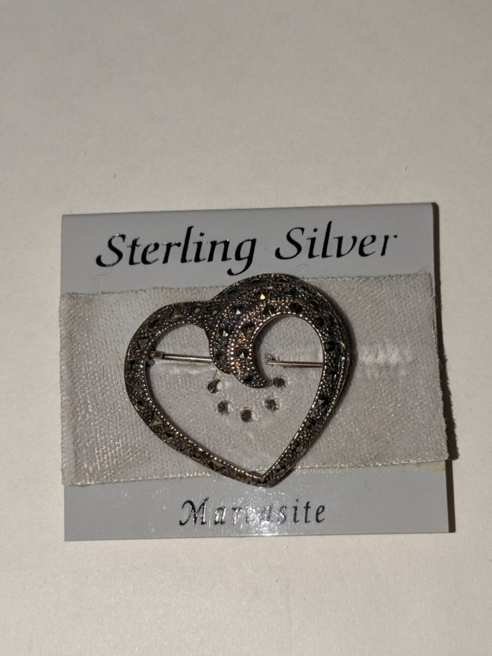 Vintage Sterling Silver 925 Open Heart Marcasite Accents Brooch Pin